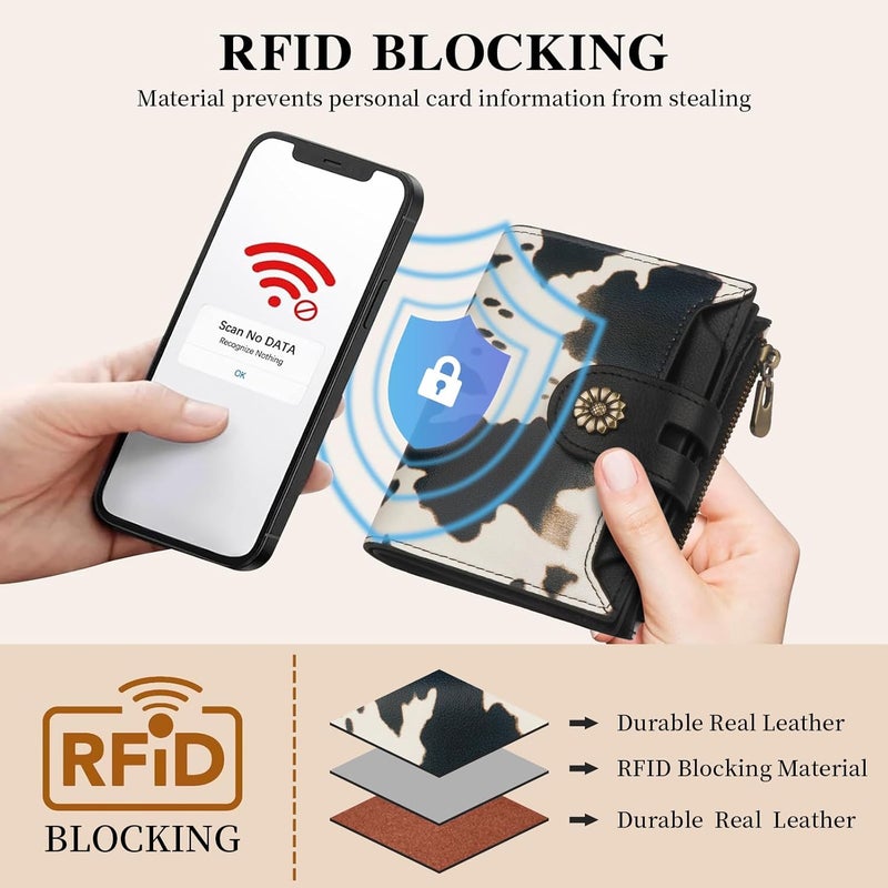 Blucoay Wallet Women,RFID Blocking Leather Womens Wallet Bifold Compact Card Holder Small Wallet for Women with Removable ID Window cowprint black - Image 5